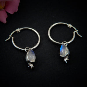 Moonstone Earrings - Sterling Silver - Moonstone Hoop Earrings - Moonstone Star Sleeper Earrings, Moonstone Hoops, Star Moonstone Sleepers