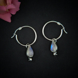 Moonstone Earrings - Sterling Silver - Moonstone Hoop Earrings - Moonstone Star Sleeper Earrings, Moonstone Hoops, Star Moonstone Sleepers
