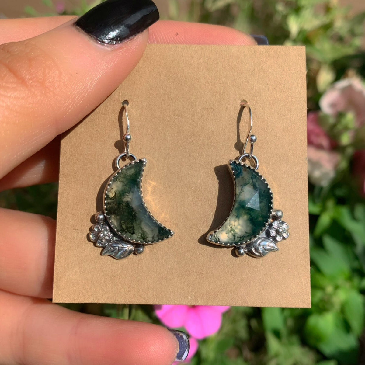 Moss Agate Moon Earrings - Sterling Silver - Green Moss Agate Earrings - Crescent Moon Moss Agate Dangles - Leaf Flower Hook Earrings OOAK