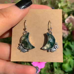 Moss Agate Moon Earrings - Sterling Silver - Green Moss Agate Earrings - Crescent Moon Moss Agate Dangles - Leaf Flower Hook Earrings OOAK