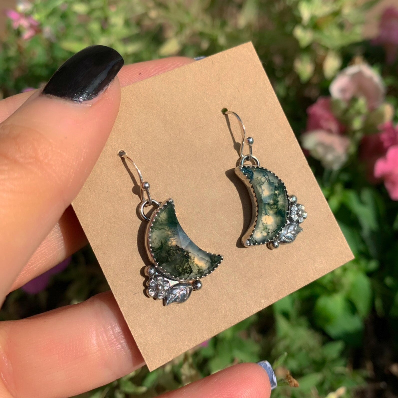 Moss Agate Moon Earrings - Sterling Silver - Green Moss Agate Earrings - Crescent Moon Moss Agate Dangles - Leaf Flower Hook Earrings OOAK