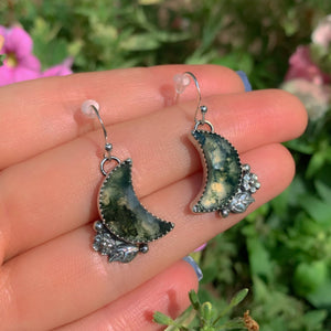 Moss Agate Moon Earrings - Sterling Silver - Green Moss Agate Earrings - Crescent Moon Moss Agate Dangles - Leaf Flower Hook Earrings OOAK