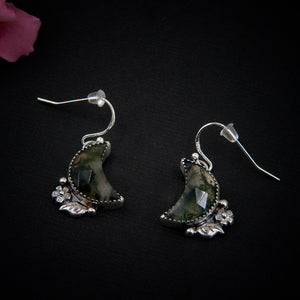 Moss Agate Moon Earrings - Sterling Silver - Green Moss Agate Earrings - Crescent Moon Moss Agate Dangles - Leaf Flower Hook Earrings OOAK