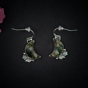 Moss Agate Moon Earrings - Sterling Silver - Green Moss Agate Earrings - Crescent Moon Moss Agate Dangles - Leaf Flower Hook Earrings OOAK