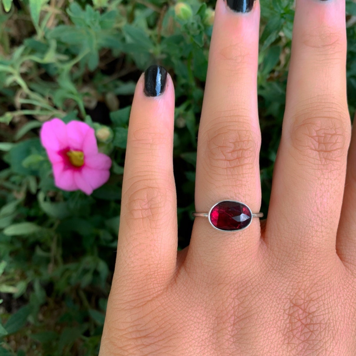 Rose Cut Rhodolite Garnet Ring - Size 6 - Sterling Silver - Faceted Garnet Jewelry - Pink Garnet Jewellery - Dainty Garnet Ring - Red Garnet