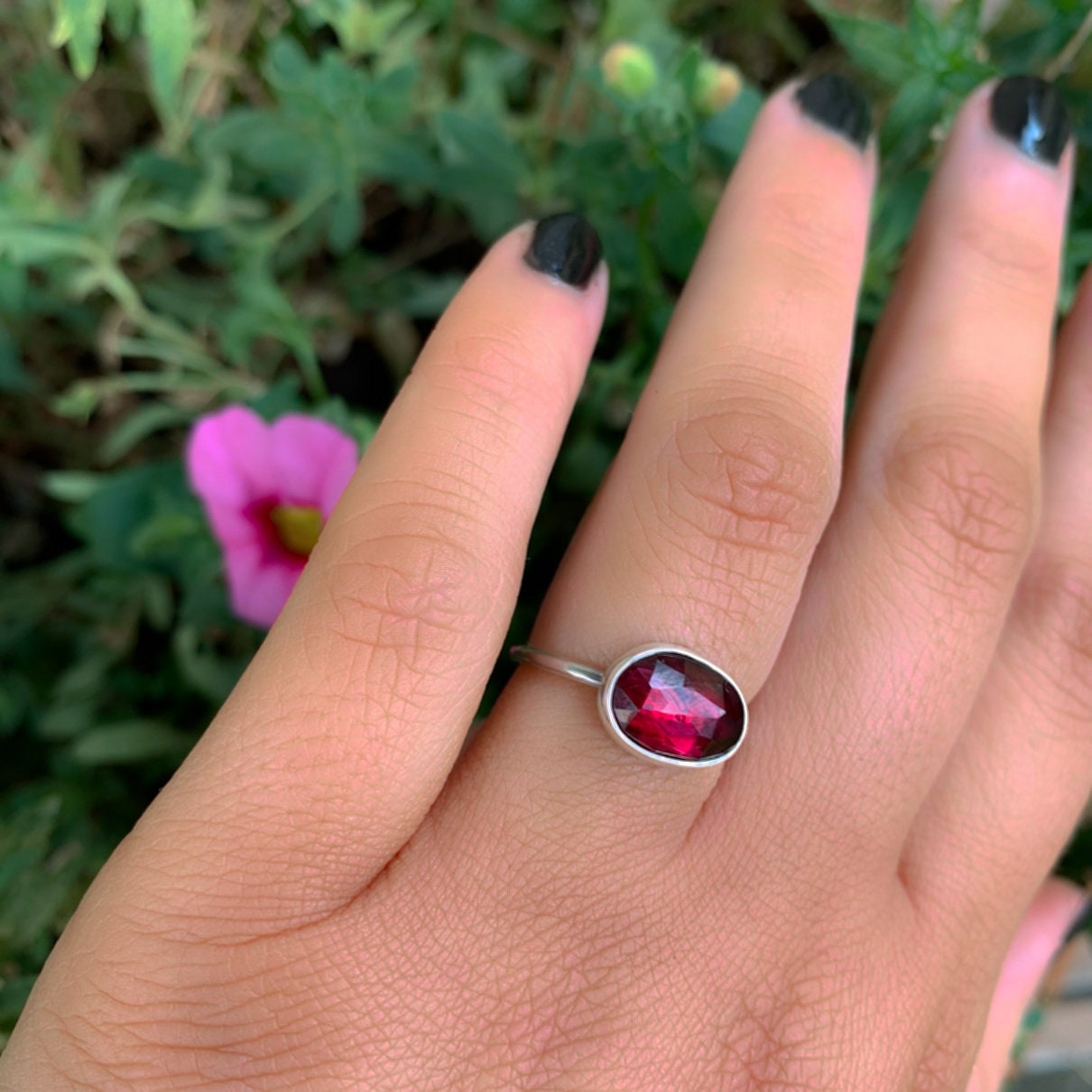 Rose Cut Rhodolite Garnet Ring - Size 6 - Sterling Silver - Faceted Garnet Jewelry - Pink Garnet Jewellery - Dainty Garnet Ring - Red Garnet