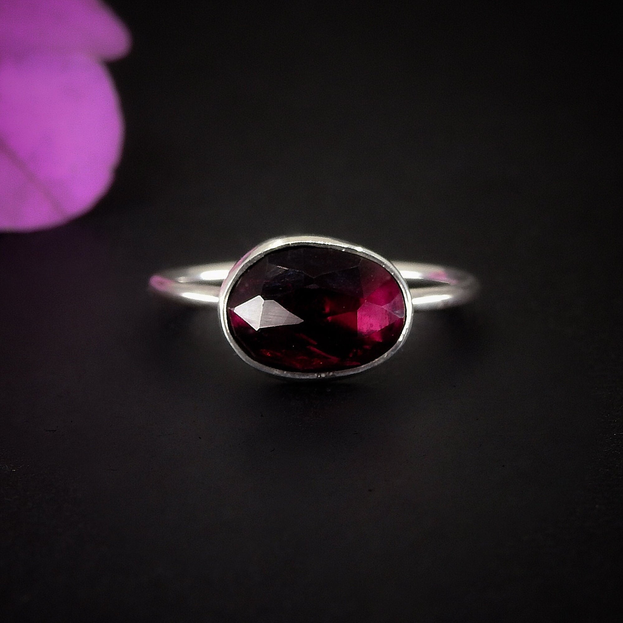 Rose Cut Rhodolite Garnet Ring - Size 6 - Sterling Silver - Faceted Garnet Jewelry - Pink Garnet Jewellery - Dainty Garnet Ring - Red Garnet