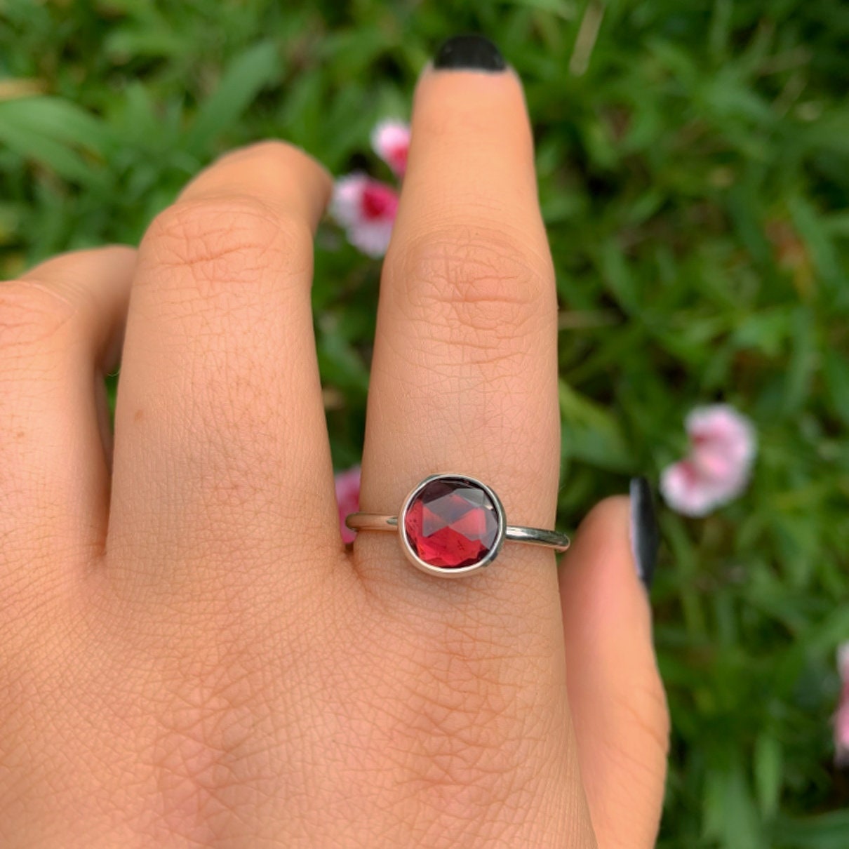 Rose Cut Rhodolite Garnet Ring - Size 9 1/4- Sterling Silver - Faceted Garnet Jewelry, Pink Garnet Jewellery, Dainty Garnet Ring, Red Garnet