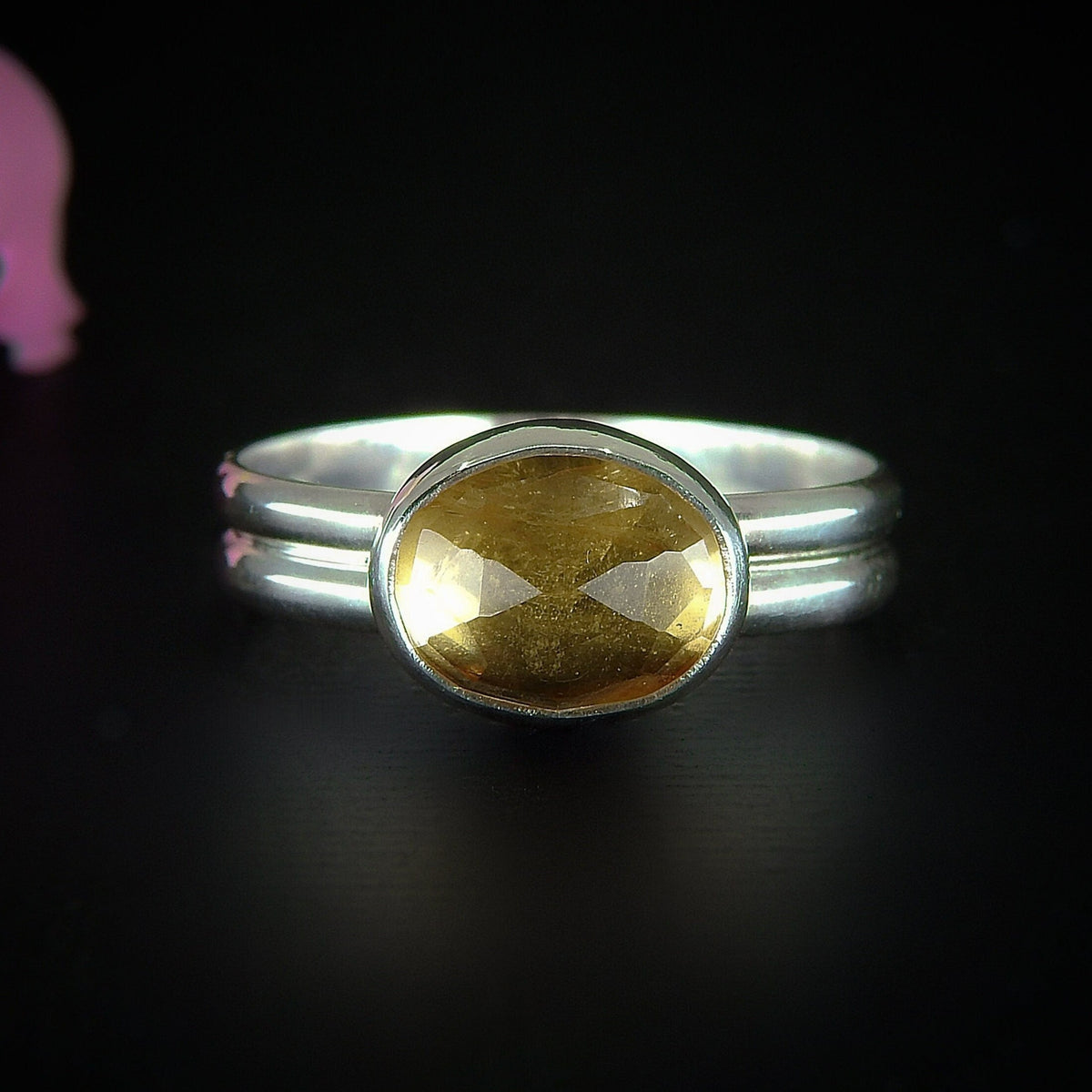 Rose Cut Citrine Ring - Size 9 - Sterling Silver - Faceted Citrine Jewelry - Dainty Citrine Jewellery - Citrine Thick Band Ring. Double Band