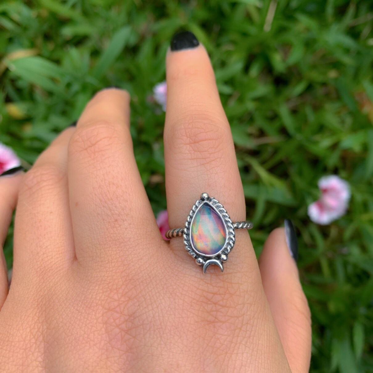 Rose Cut Clear Quartz & Aurora Opal Ring - Size 9 - Sterling Silver - Pastel Rainbow Opal Ring - Pink Purple Jewellery - Crescent Moon Ring