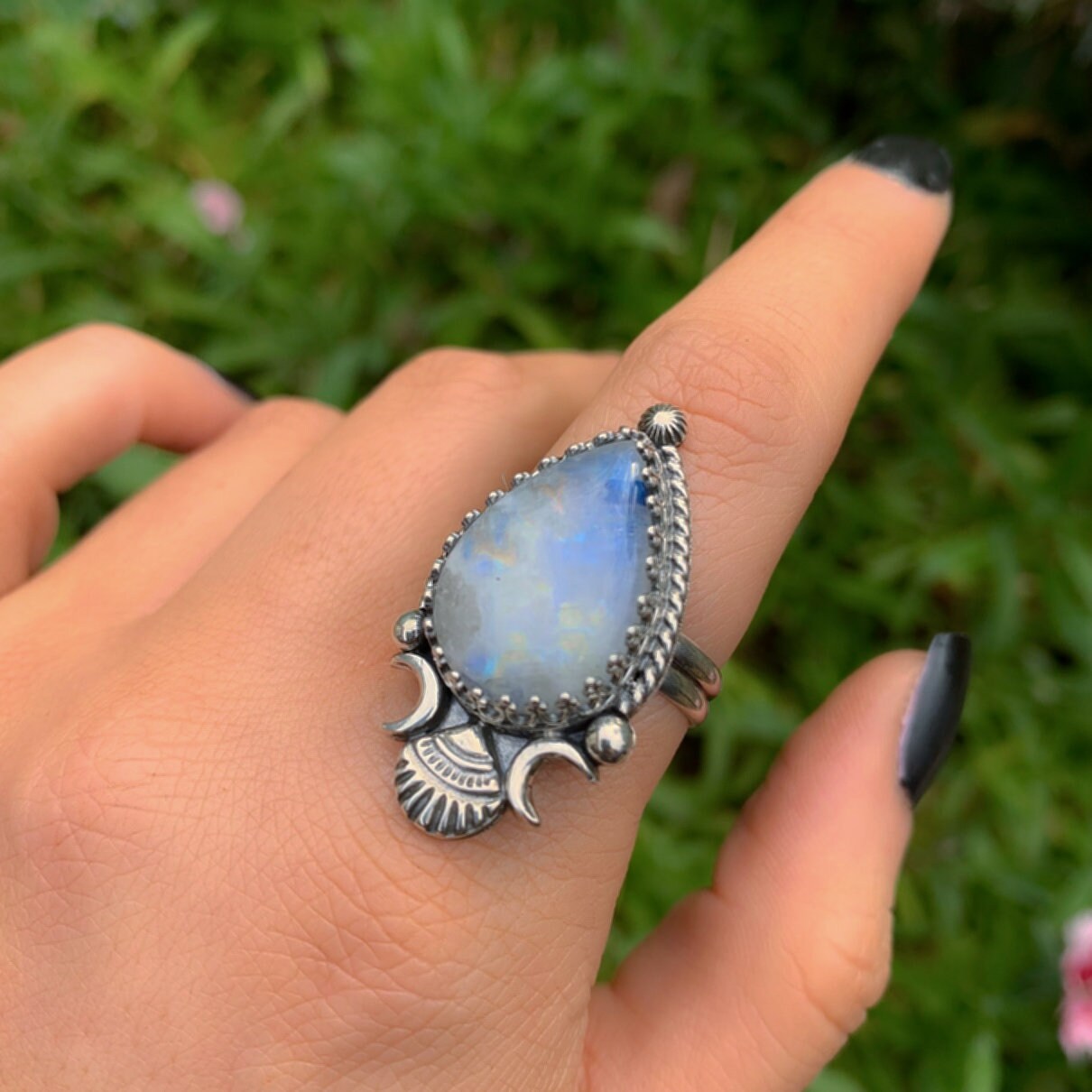 Moonstone Ring - Size 9 to 9 1/4 - Sterling Silver - Rainbow Moonstone Statement Ring - Moonstone Shell Ring - OOAK Ocean Large Moonstone