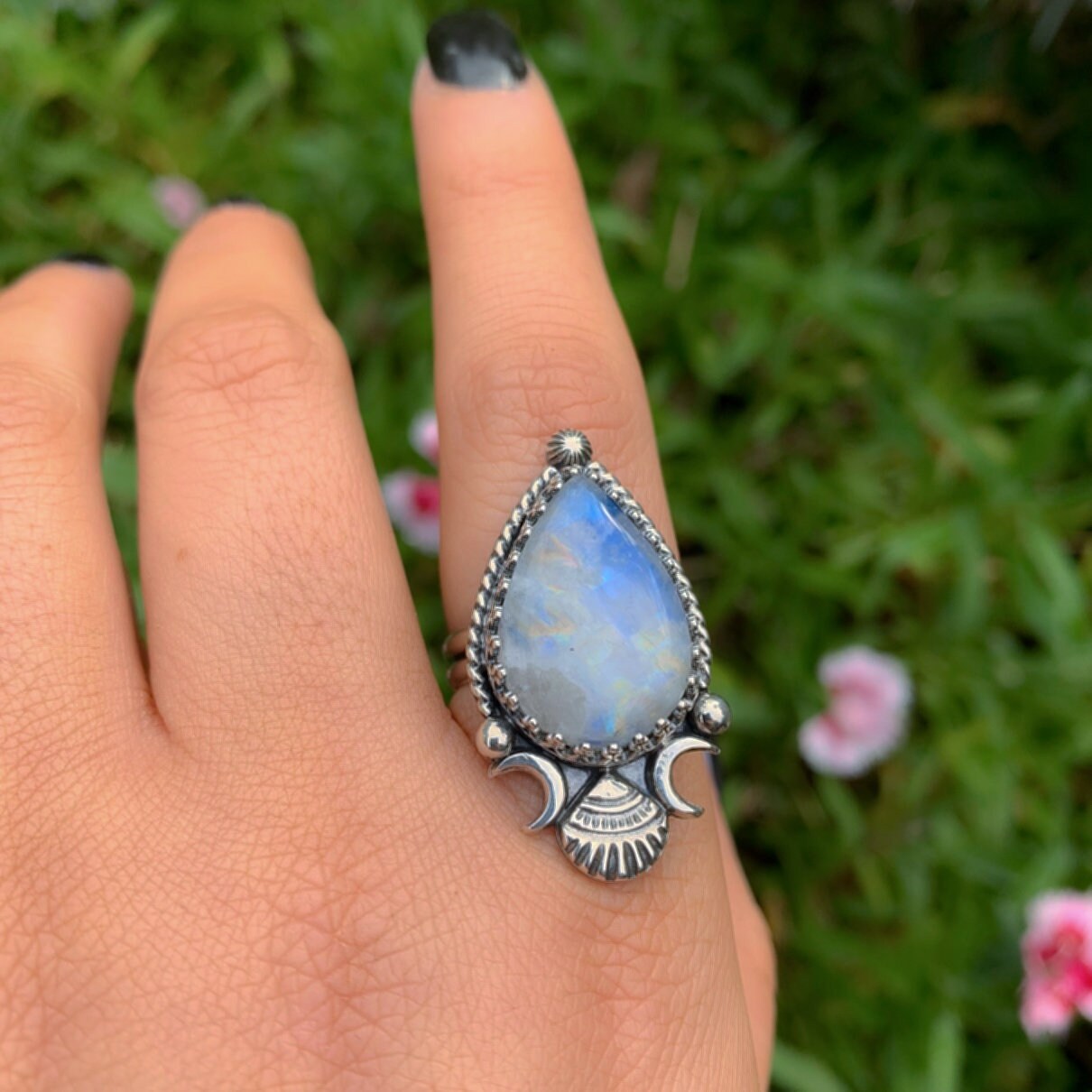 Moonstone Ring - Size 9 to 9 1/4 - Sterling Silver - Rainbow Moonstone Statement Ring - Moonstone Shell Ring - OOAK Ocean Large Moonstone