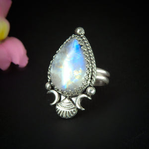 Moonstone Ring - Size 9 to 9 1/4 - Sterling Silver - Rainbow Moonstone Statement Ring - Moonstone Shell Ring - OOAK Ocean Large Moonstone