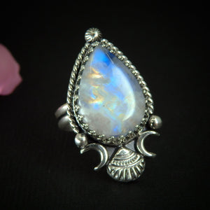 Moonstone Ring - Size 9 to 9 1/4 - Sterling Silver - Rainbow Moonstone Statement Ring - Moonstone Shell Ring - OOAK Ocean Large Moonstone