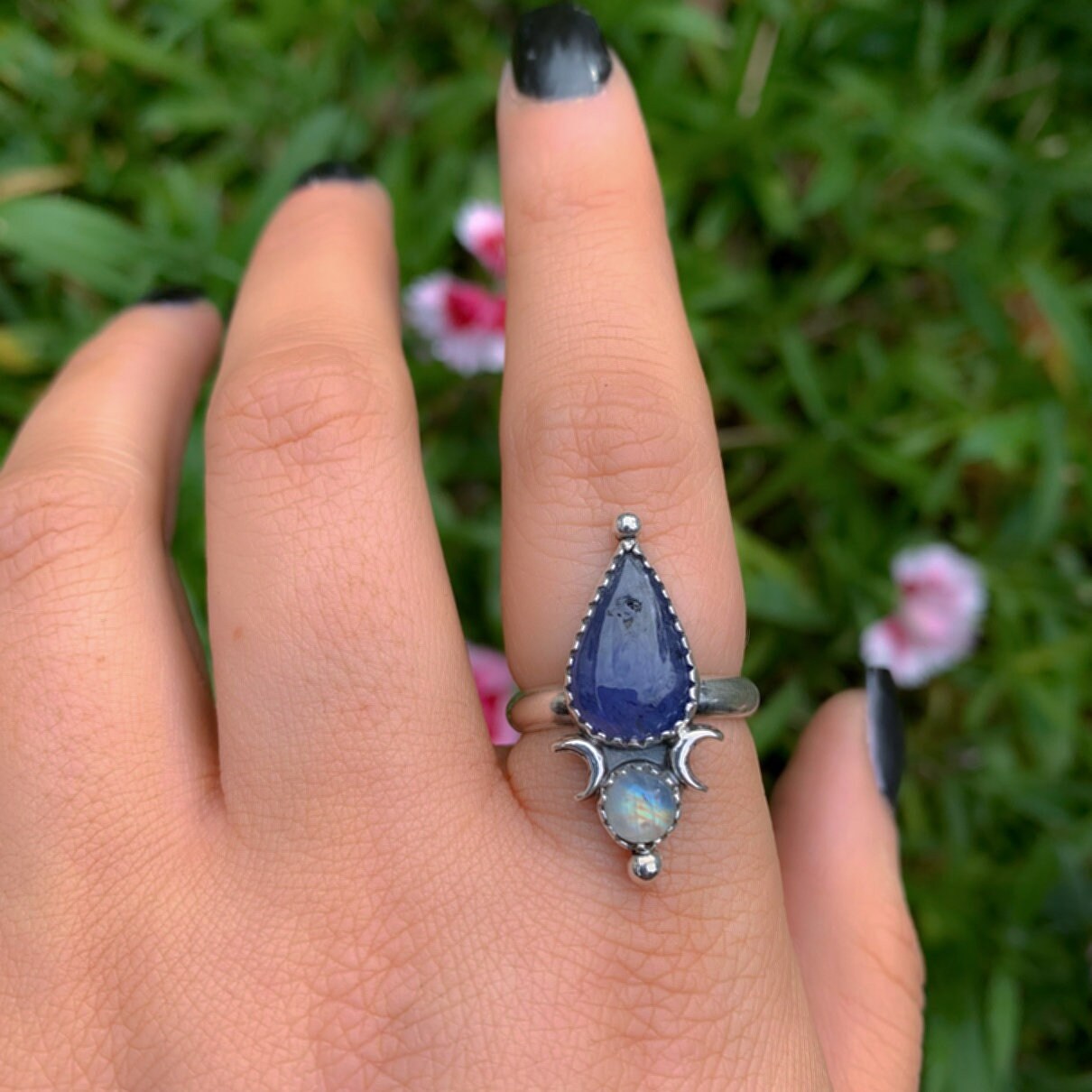 Tanzanite & Moonstone Ring - Size 7 to 7 1/4 - Sterling Silver -Teardrop Tanzanite Ring - Crescent Moon Ring, Double Stone Ring, Multi Stone