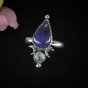 Tanzanite & Moonstone Ring - Size 7 to 7 1/4 - Sterling Silver -Teardrop Tanzanite Ring - Crescent Moon Ring, Double Stone Ring, Multi Stone