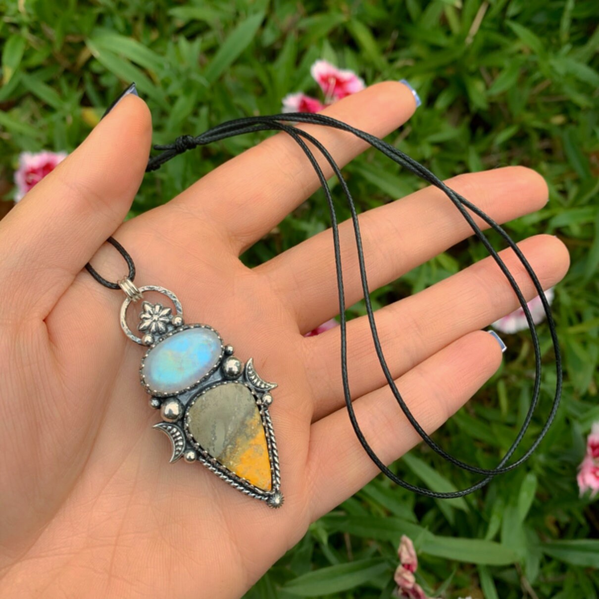 Moonstone & Bumblebee Jasper Pendant - Sterling Silver - Moonstone Necklace - Double Stone Moon Pendant - Rainbow Moonstone Bumblebee Jasper