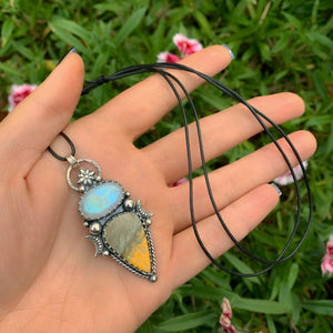 Moonstone & Bumblebee Jasper Pendant - Sterling Silver - Moonstone Necklace - Double Stone Moon Pendant - Rainbow Moonstone Bumblebee Jasper