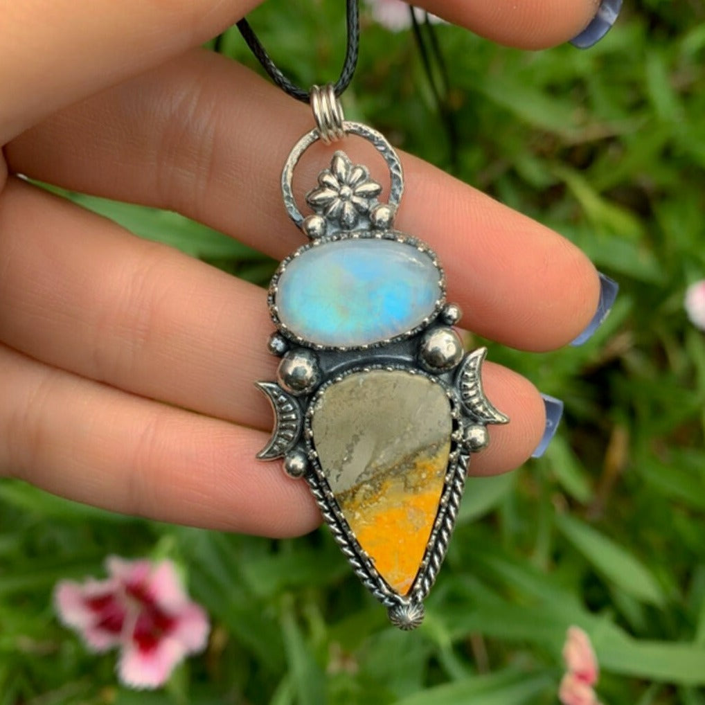 Moonstone & Bumblebee Jasper Pendant - Sterling Silver - Moonstone Necklace - Double Stone Moon Pendant - Rainbow Moonstone Bumblebee Jasper