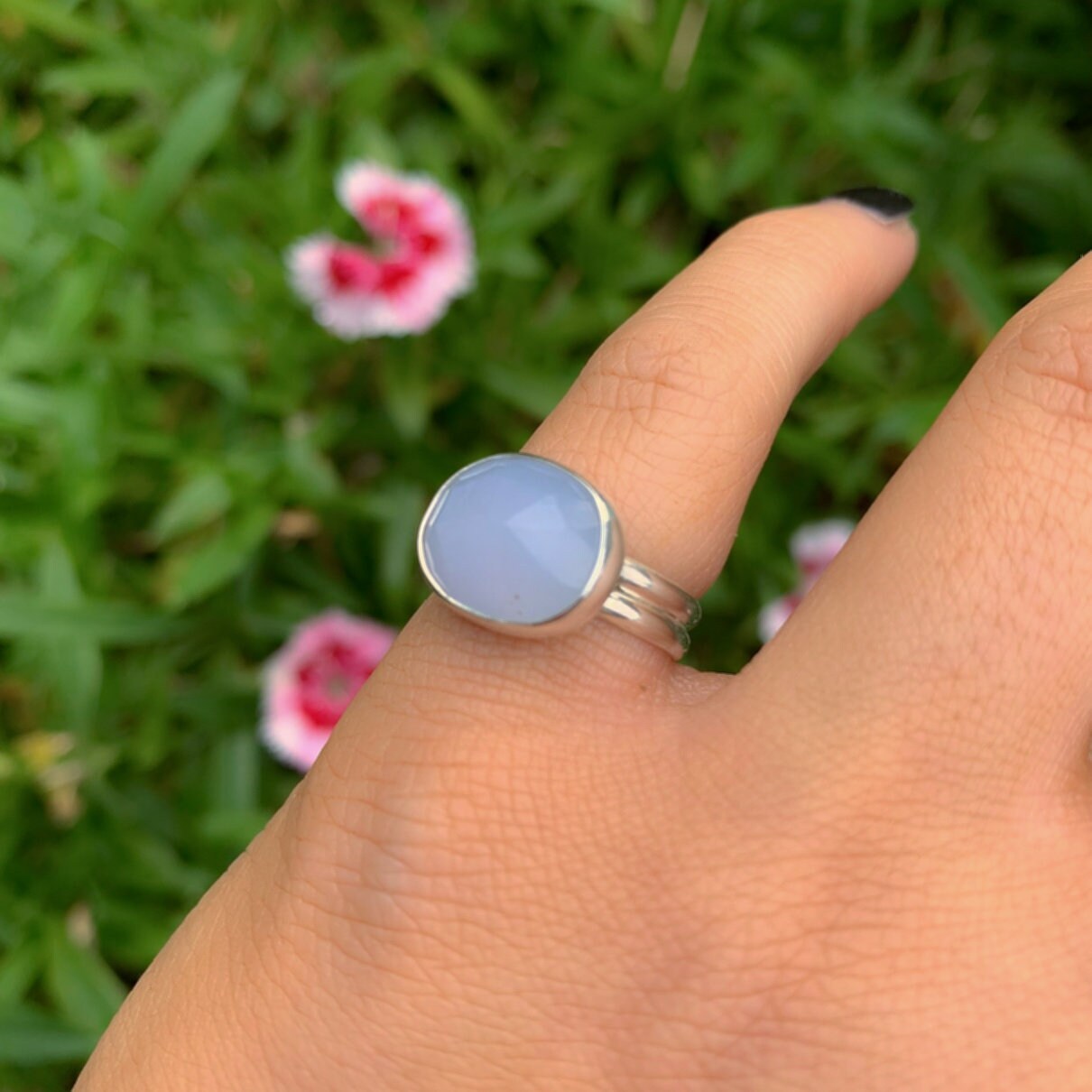 Rose Cut Blue Lace Agate Ring - Size 5 - Sterling Silver - Light Blue Gemstone Ring, Faceted Blue Lace Agate Jewelry, Dainty Blue Stone Ring