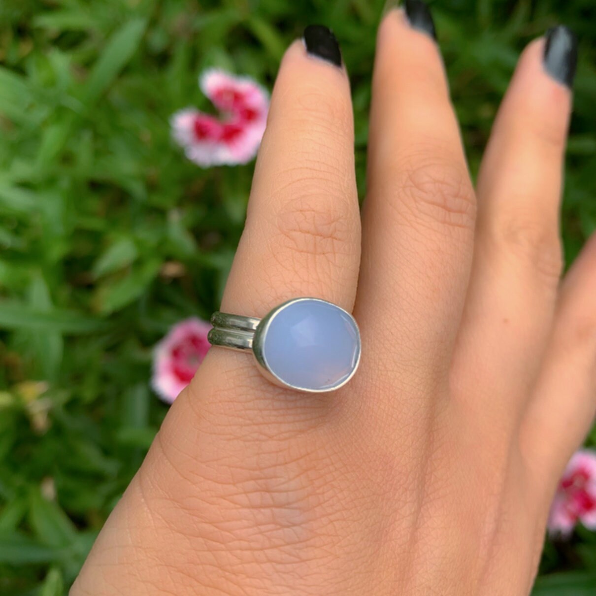 Rose Cut Blue Lace Agate Ring - Size 5 - Sterling Silver - Light Blue Gemstone Ring, Faceted Blue Lace Agate Jewelry, Dainty Blue Stone Ring