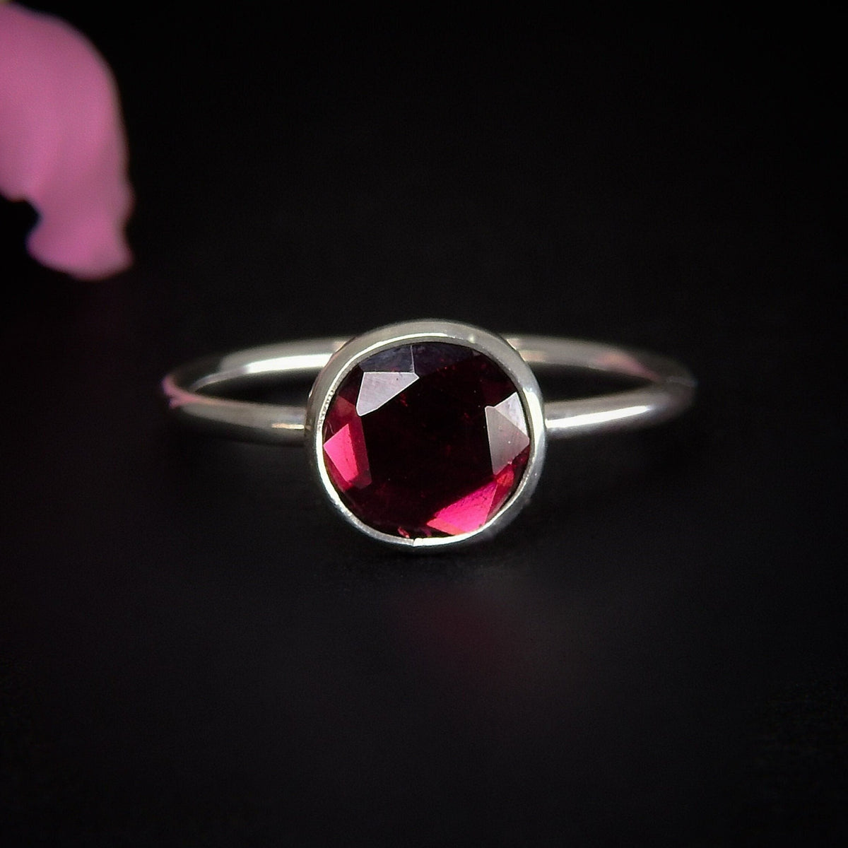 Rose Cut Rhodolite Garnet Ring - Size 9 1/4- Sterling Silver - Faceted Garnet Jewelry, Pink Garnet Jewellery, Dainty Garnet Ring, Red Garnet