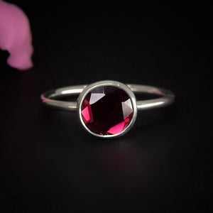 Rose Cut Rhodolite Garnet Ring - Size 9 1/4- Sterling Silver - Faceted Garnet Jewelry, Pink Garnet Jewellery, Dainty Garnet Ring, Red Garnet