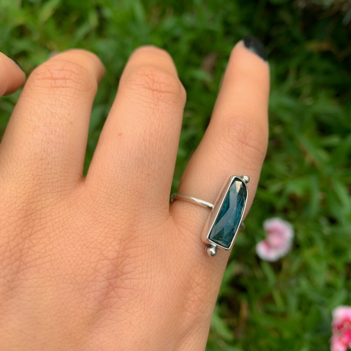 Rose Cut Kyanite Ring - Size 8 - Sterling Silver - Blue Kyanite Statement Ring - Rectangular Kyanite Jewellery - OOAK Kyanite Gemstone Ring
