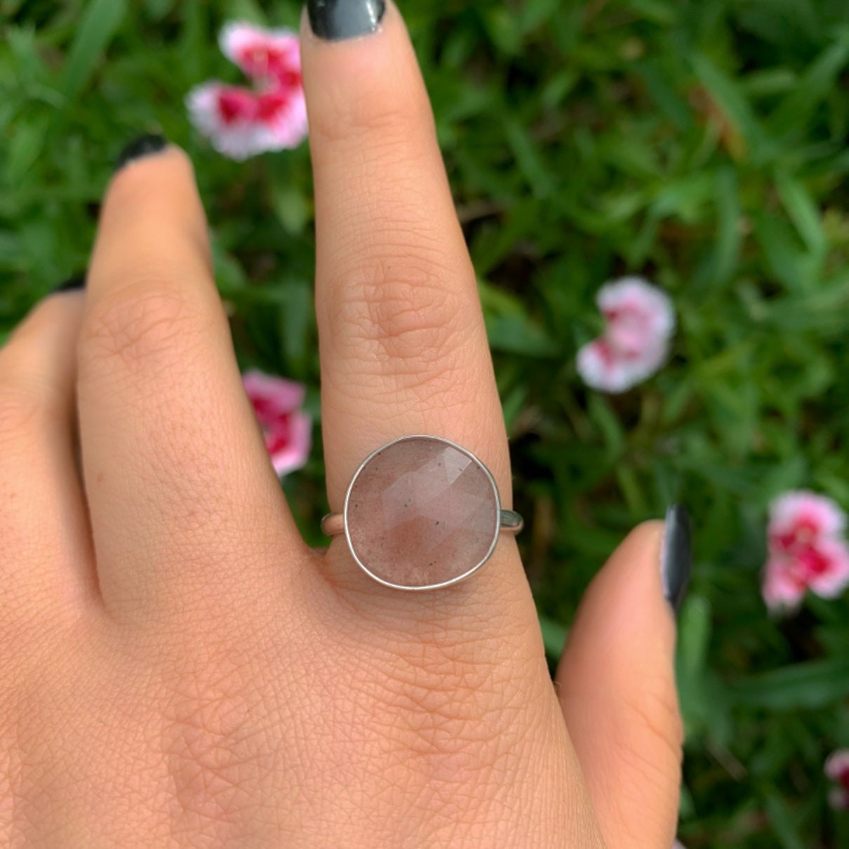 Rose Cut Strawberry Quartz Ring - Size 9 1/2 to 9 3/4 - Sterling Silver - Faceted Strawberry Quartz Jewellery - Pink Gemstone Statement Ring