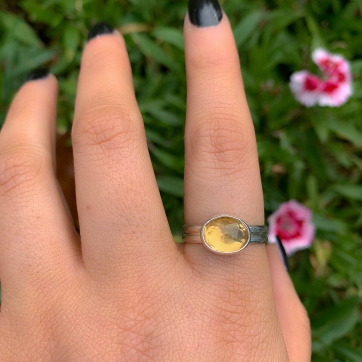 Rose Cut Citrine Ring - Size 9 - Sterling Silver - Faceted Citrine Jewelry - Dainty Citrine Jewellery - Citrine Thick Band Ring. Double Band