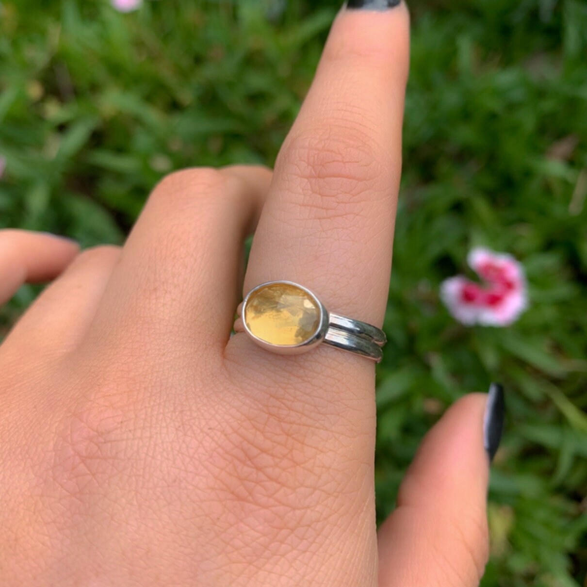 Rose Cut Citrine Ring - Size 9 - Sterling Silver - Faceted Citrine Jewelry - Dainty Citrine Jewellery - Citrine Thick Band Ring. Double Band