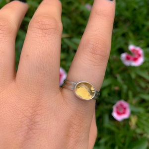 Rose Cut Citrine Ring - Size 9 - Sterling Silver - Faceted Citrine Jewelry - Dainty Citrine Jewellery - Citrine Thick Band Ring. Double Band