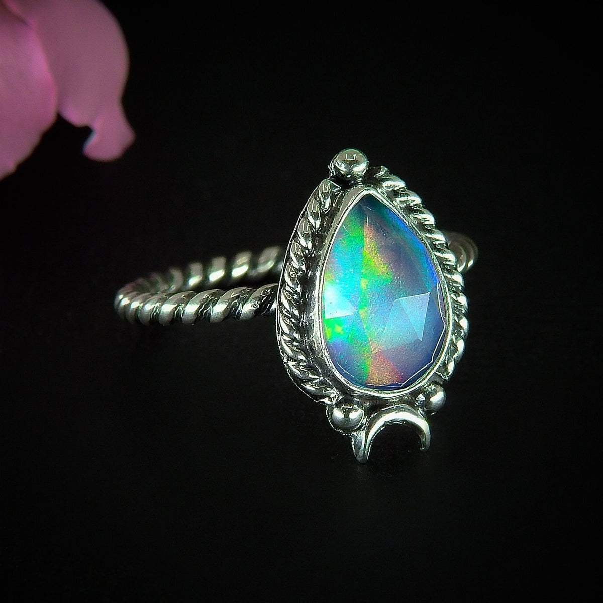 Rose Cut Clear Quartz & Aurora Opal Ring - Size 9 - Sterling Silver - Pastel Rainbow Opal Ring - Pink Purple Jewellery - Crescent Moon Ring