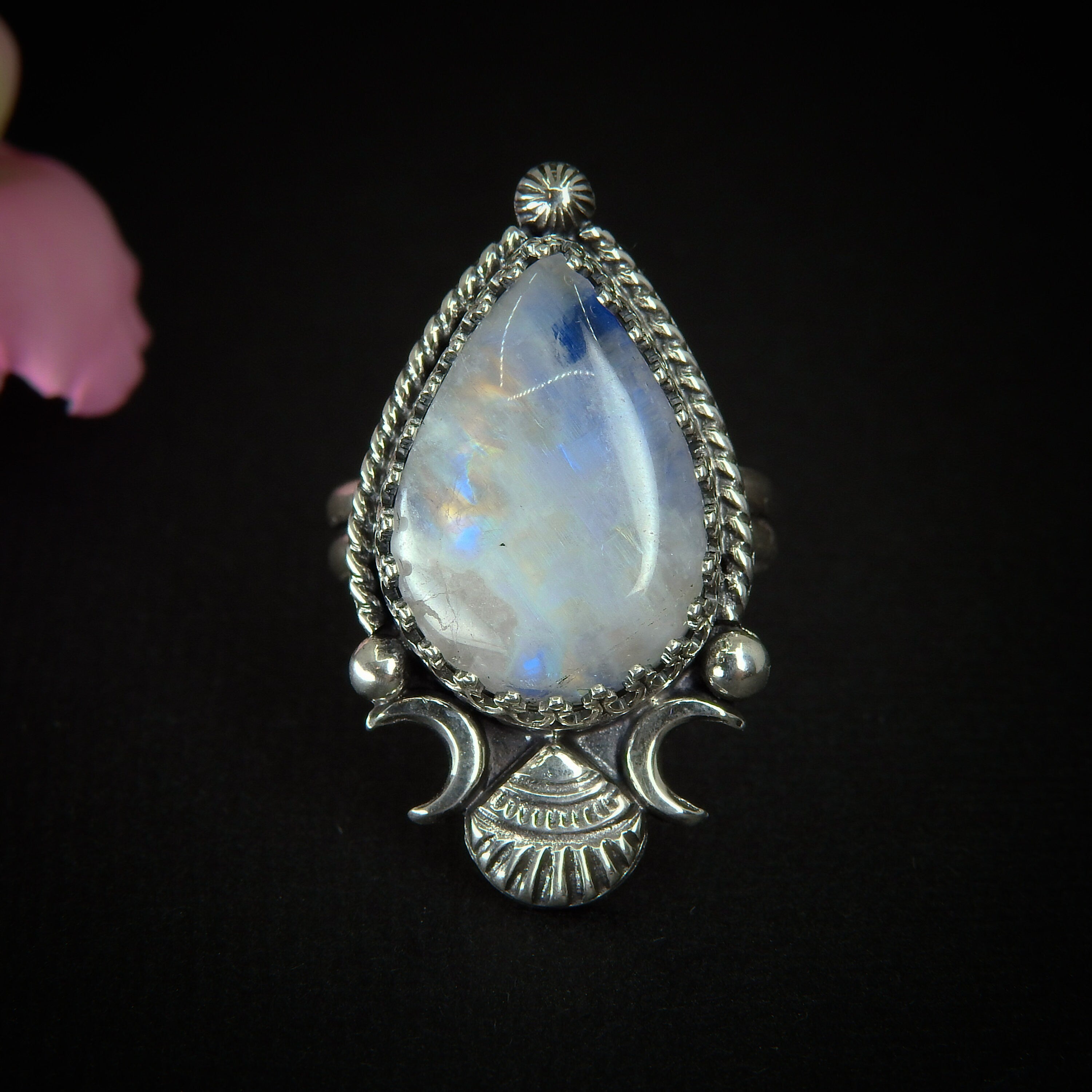 Moonstone Ring - Size 9 to 9 1/4 - Sterling Silver - Rainbow Moonstone Statement Ring - Moonstone Shell Ring - OOAK Ocean Large Moonstone