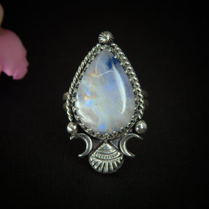 Moonstone Ring - Size 9 to 9 1/4 - Sterling Silver - Rainbow Moonstone Statement Ring - Moonstone Shell Ring - OOAK Ocean Large Moonstone