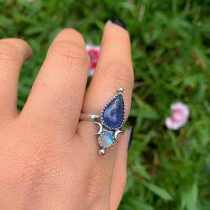 Tanzanite & Moonstone Ring - Size 7 to 7 1/4 - Sterling Silver -Teardrop Tanzanite Ring - Crescent Moon Ring, Double Stone Ring, Multi Stone