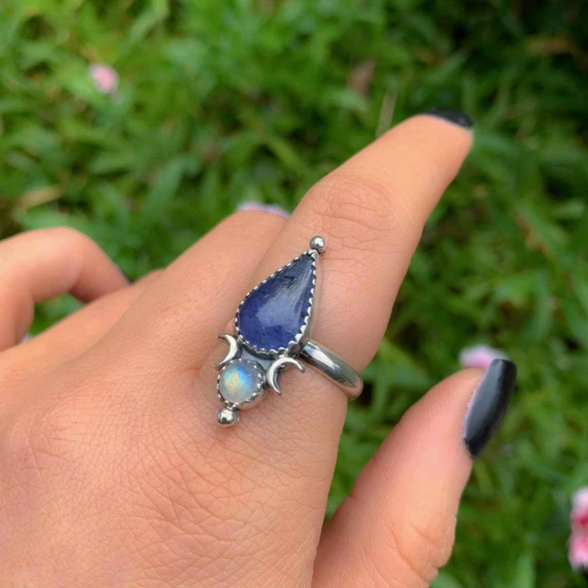Tanzanite & Moonstone Ring - Size 7 to 7 1/4 - Sterling Silver -Teardrop Tanzanite Ring - Crescent Moon Ring, Double Stone Ring, Multi Stone
