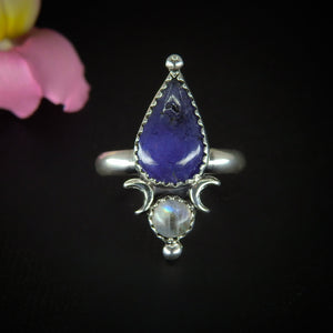 Tanzanite & Moonstone Ring - Size 7 to 7 1/4 - Sterling Silver -Teardrop Tanzanite Ring - Crescent Moon Ring, Double Stone Ring, Multi Stone