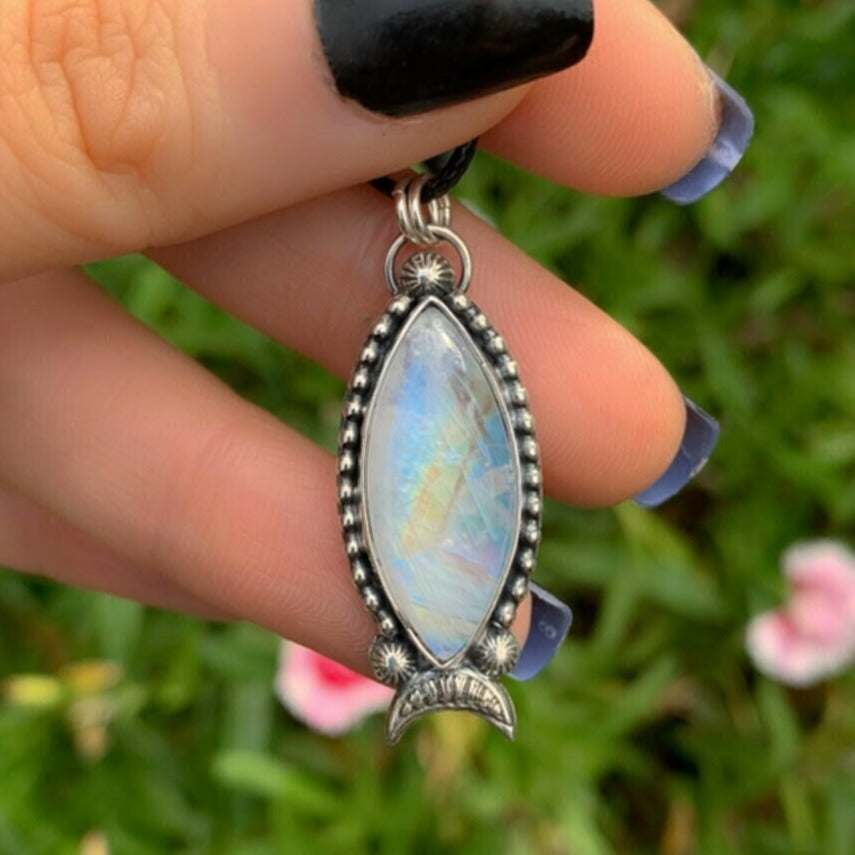Marquise Moonstone Pendant - Sterling Silver - Large Moonstone Pendant - Rainbow Moonstone Jewellery - Moonstone Statement Necklace - Flashy