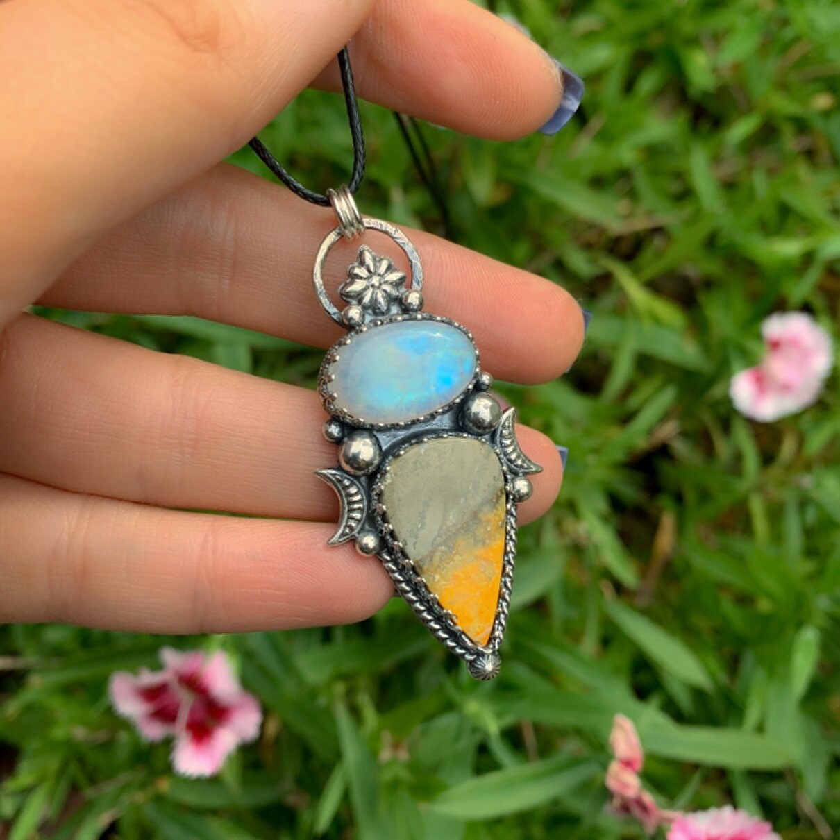 Moonstone & Bumblebee Jasper Pendant - Sterling Silver - Moonstone Necklace - Double Stone Moon Pendant - Rainbow Moonstone Bumblebee Jasper