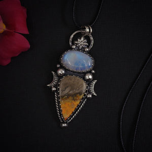 Moonstone & Bumblebee Jasper Pendant - Sterling Silver - Moonstone Necklace - Double Stone Moon Pendant - Rainbow Moonstone Bumblebee Jasper