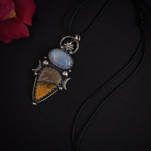 Moonstone & Bumblebee Jasper Pendant - Sterling Silver - Moonstone Necklace - Double Stone Moon Pendant - Rainbow Moonstone Bumblebee Jasper