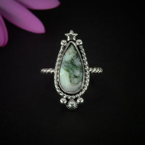 Rose Cut Moss Agate Ring - Size 5 to 5 1/4 Sterling Silver - Dainty Moss Agate Jewelry - Faceted Stone Ring, Leaf Ring, Teardrop Tree Agate