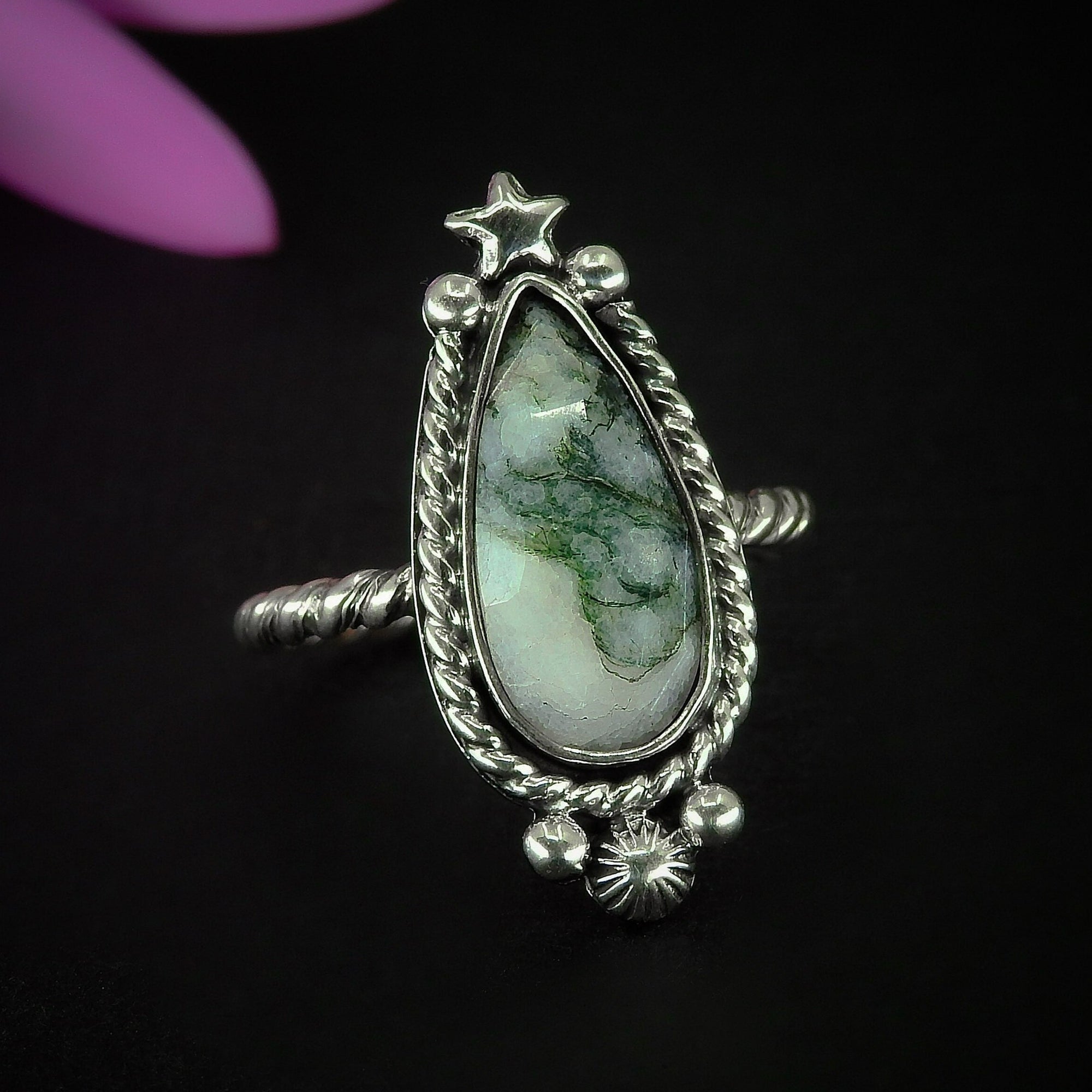 Rose Cut Moss Agate Ring - Size 5 to 5 1/4 Sterling Silver - Dainty Moss Agate Jewelry - Faceted Stone Ring, Leaf Ring, Teardrop Tree Agate