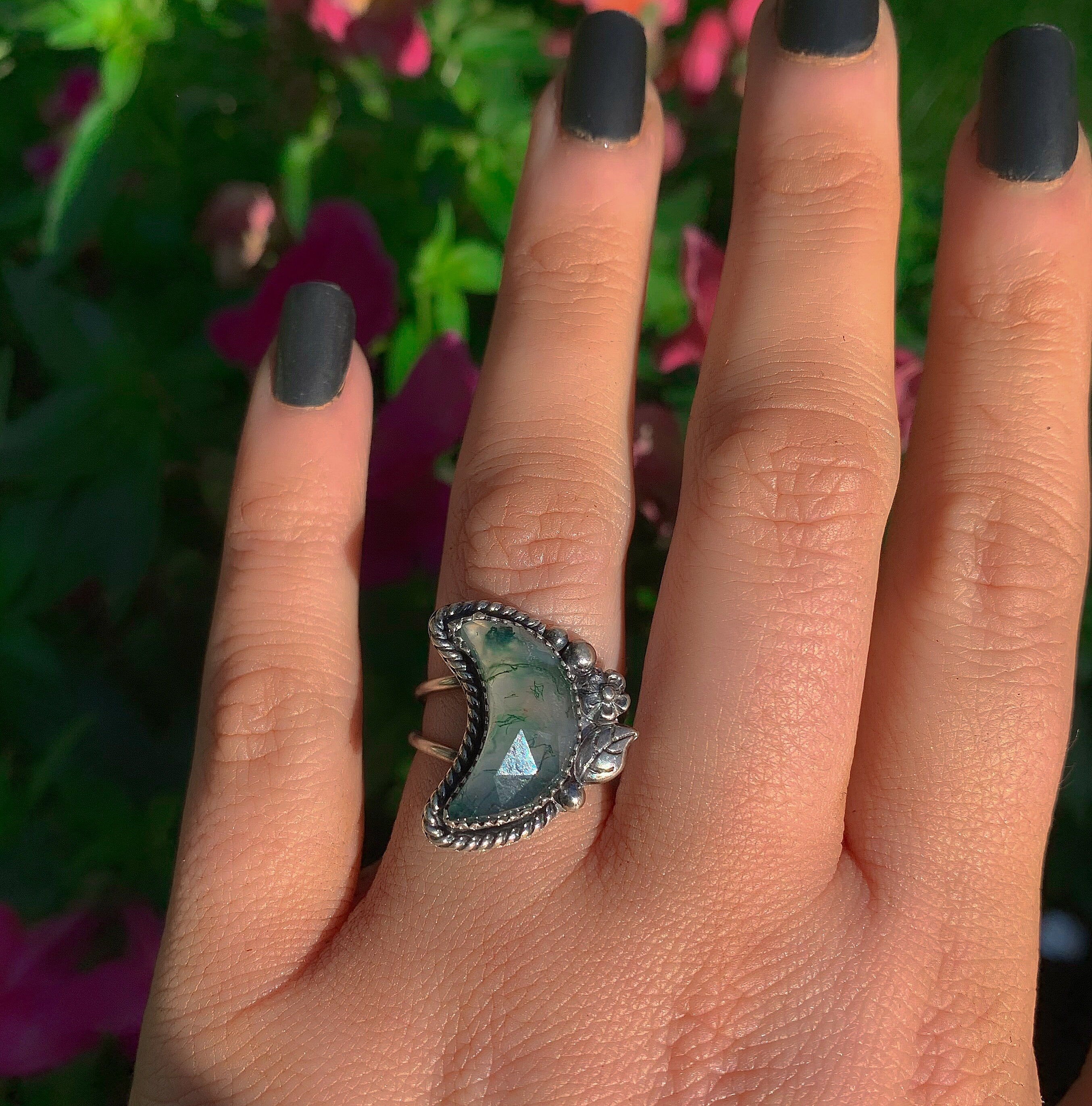 Rose Cut Moss Agate Moon Ring - Size 6 - Sterling Silver - Faceted Moss Agate Jewelry - Leaf Ring - Crescent Moon Tree Agate - Forest Ring