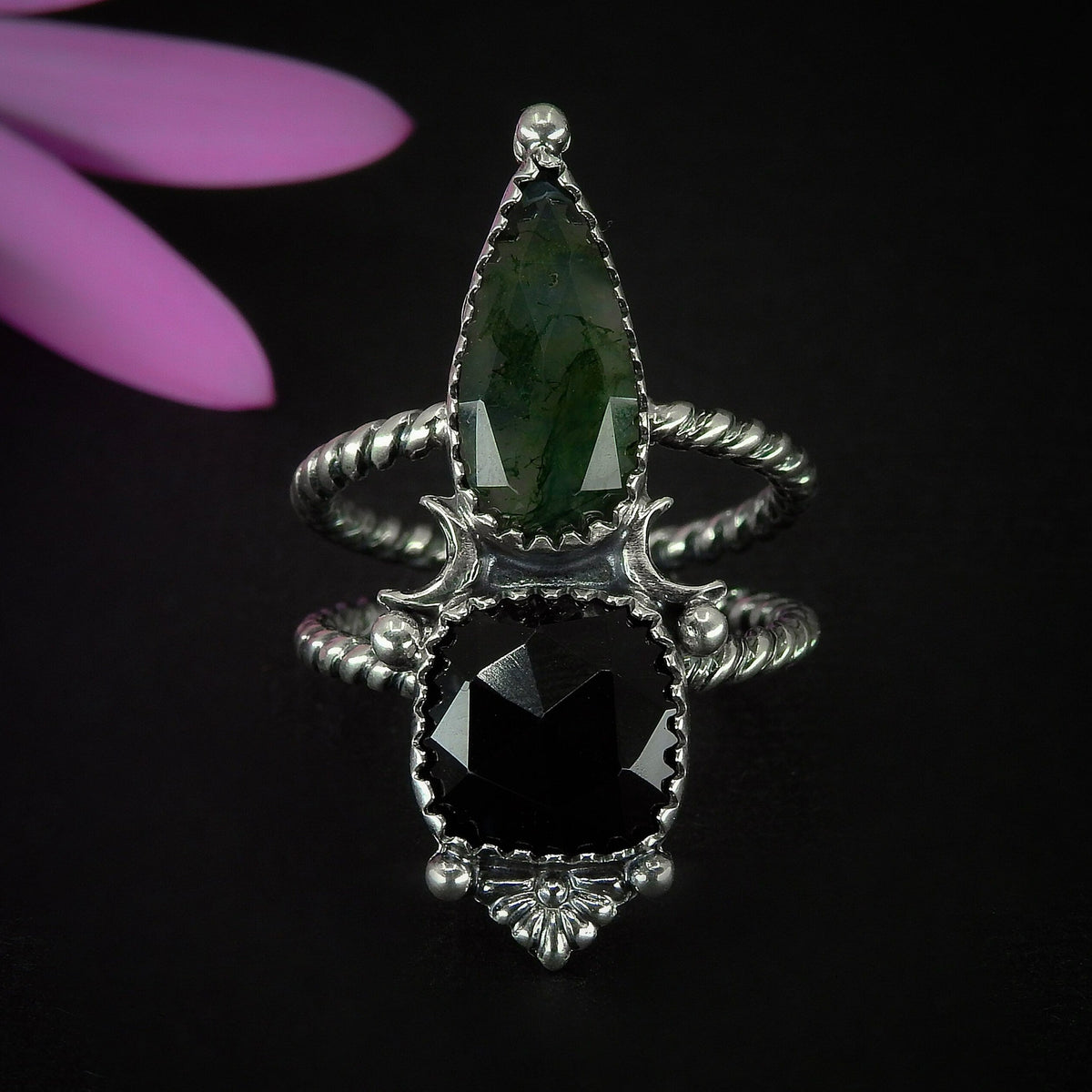 Rose Cut Moss Agate & Black Onyx Ring - Size 8 - Sterling Silver - Moonstone Ring - Faceted Moss Agate Jewellery - Moon Ring - Square Onyx