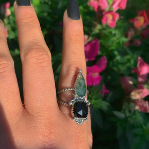 Rose Cut Moss Agate & Black Onyx Ring - Size 8 - Sterling Silver - Moonstone Ring - Faceted Moss Agate Jewellery - Moon Ring - Square Onyx