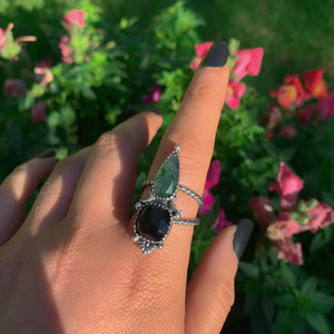 Rose Cut Moss Agate & Black Onyx Ring - Size 8 - Sterling Silver - Moonstone Ring - Faceted Moss Agate Jewellery - Moon Ring - Square Onyx