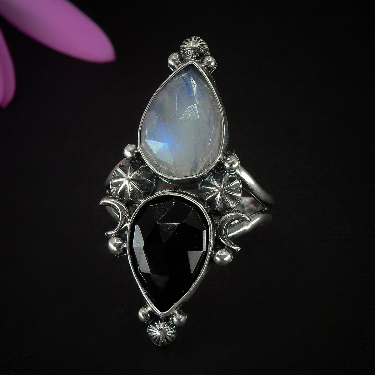 Rose Cut Moonstone & Black Onyx Ring - Size 10 - Sterling Silver - Faceted Moonstone Ring - Black Onyx Jewelry - Double Stone Crescent Moon