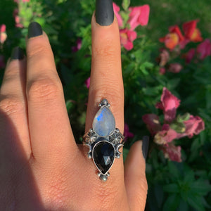 Rose Cut Moonstone & Black Onyx Ring - Size 10 - Sterling Silver - Faceted Moonstone Ring - Black Onyx Jewelry - Double Stone Crescent Moon